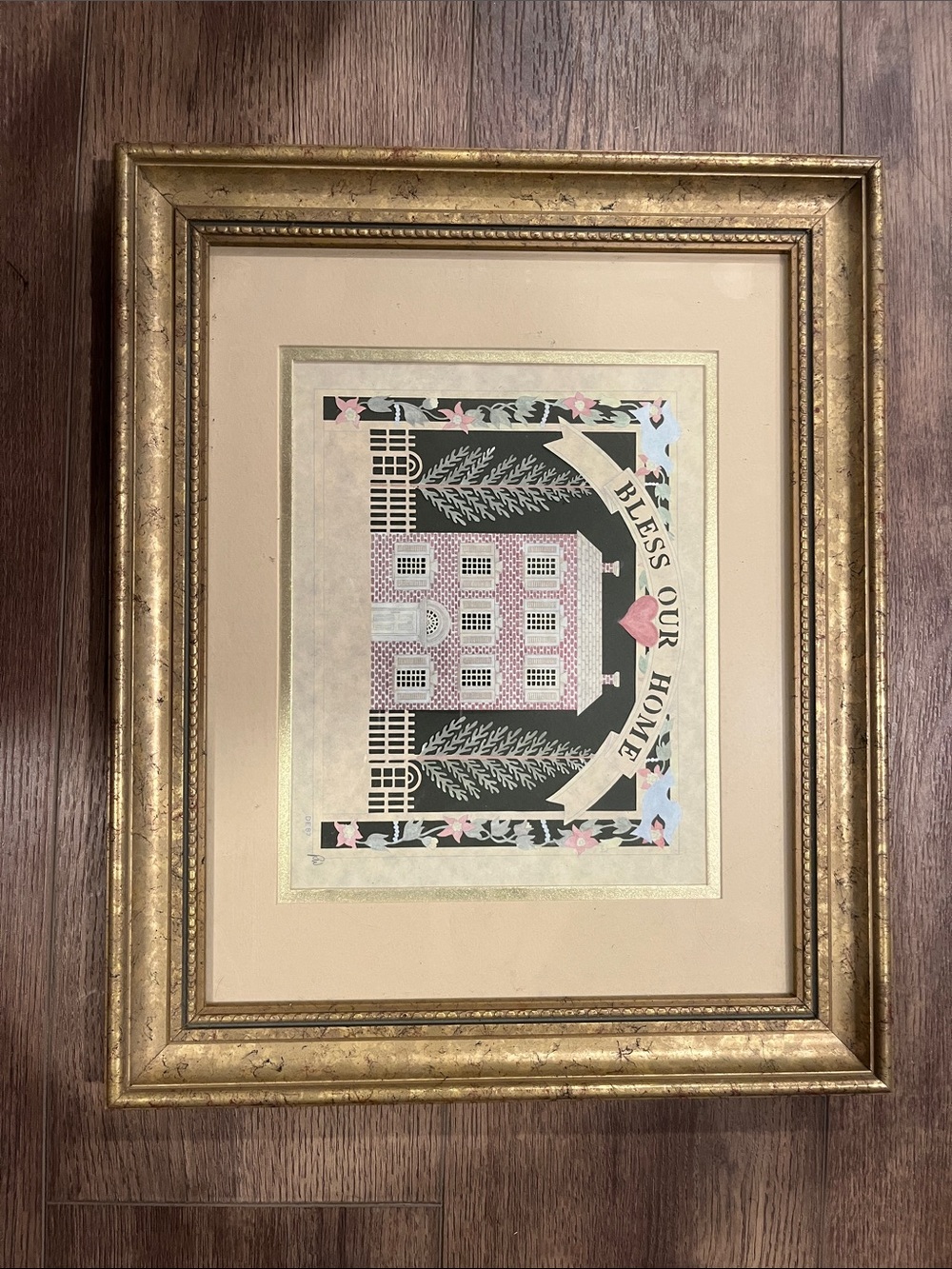 Bless Our Home Framed Art Print in Gold and Pink